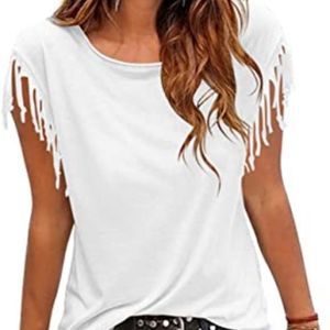 Cosonsen Women's Tassel Short Sleeve Round Neck T-Shirt Top Casual Summer Tee